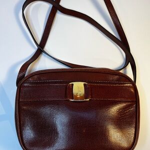 Vintage Salvatore Ferragamo Brown Lizard Embossed Vara Bow Shoulder Bag Italy